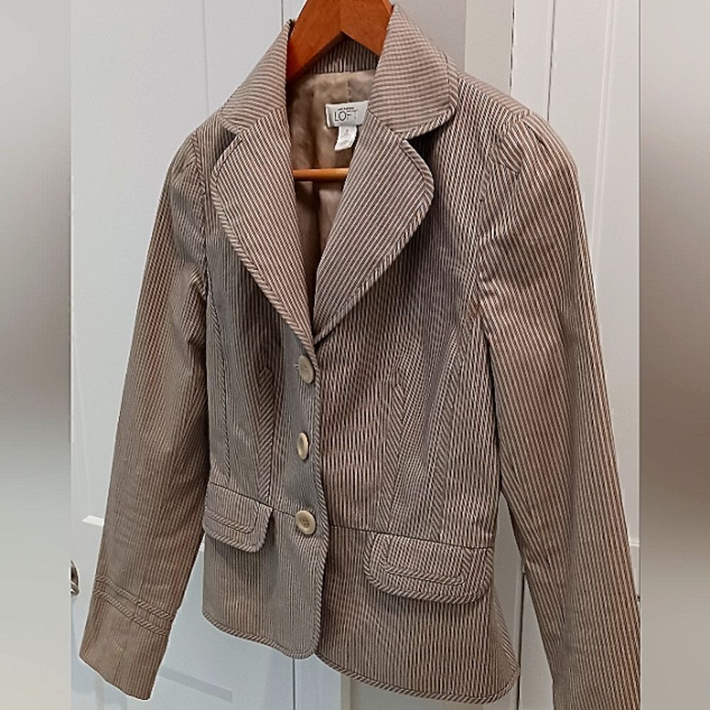 LOFT Striped Blazer Jacket Cotton Spandex Tan Grey Sz 2